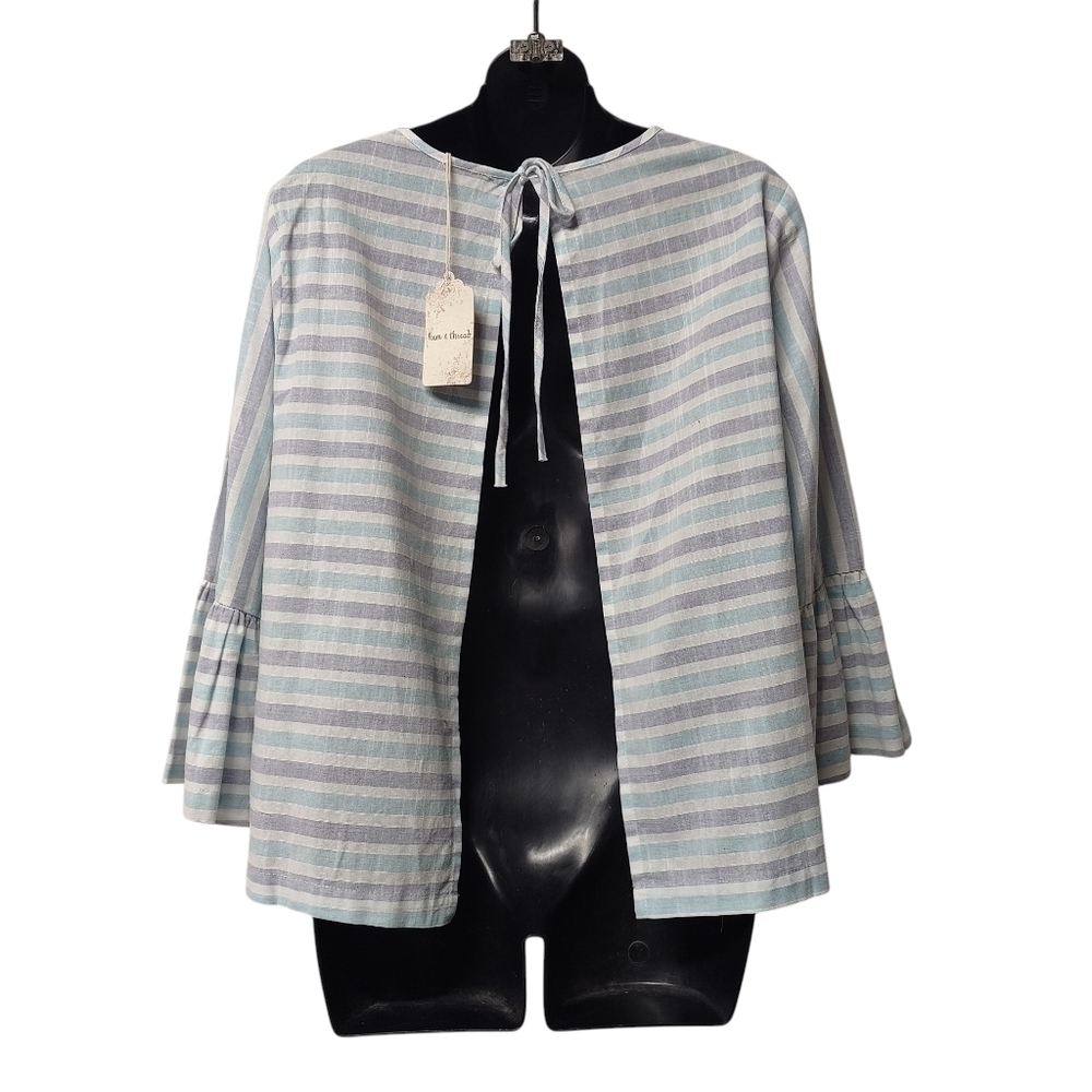 Hem & Thread Linen Striped Tie Neck Bell Sleeve Open Back Top Blouse Sz L NWT - Picture 2 of 6